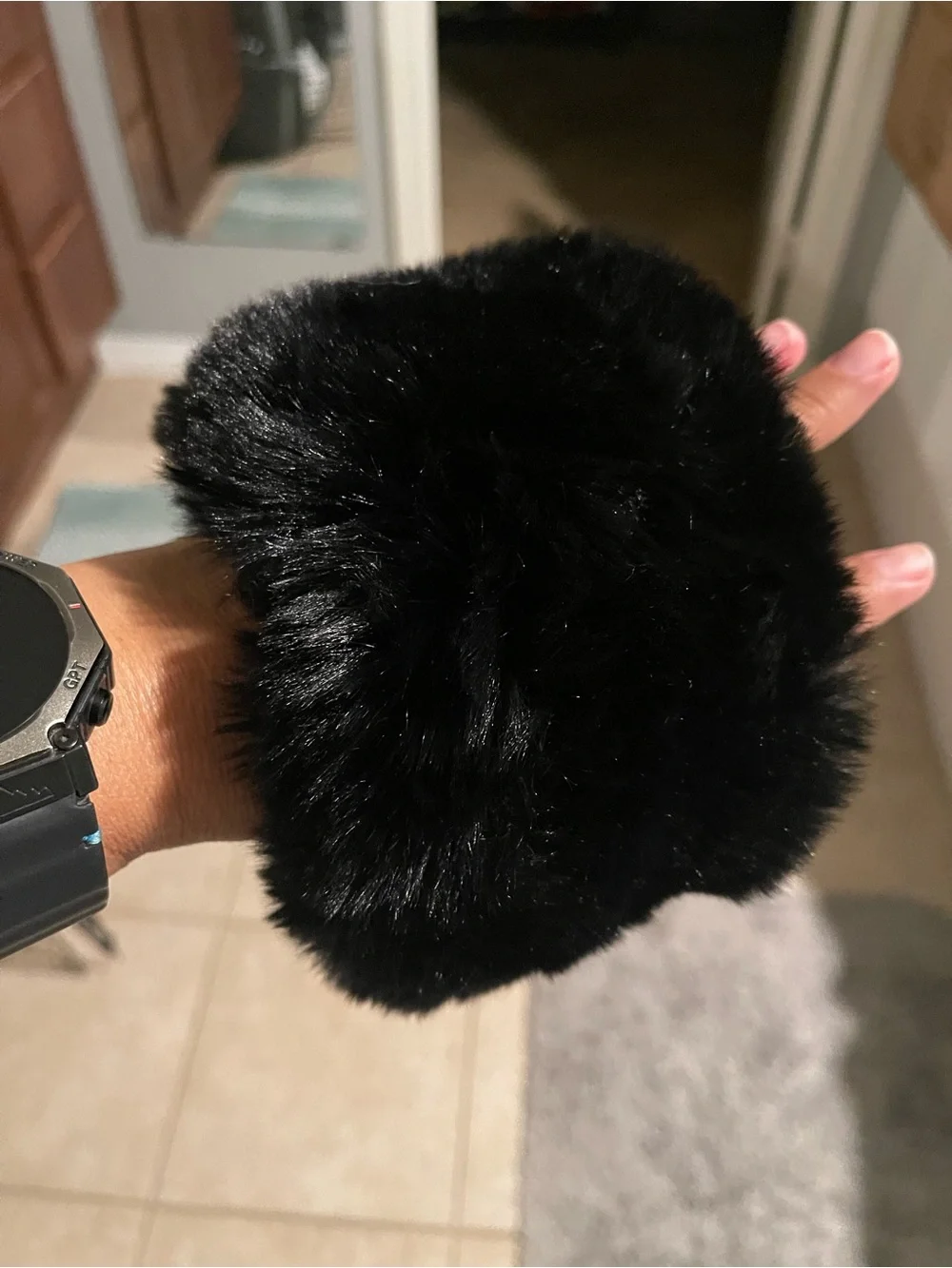 Black Faux Fur Pom Pom Scrunchie - Stylish Accessory New